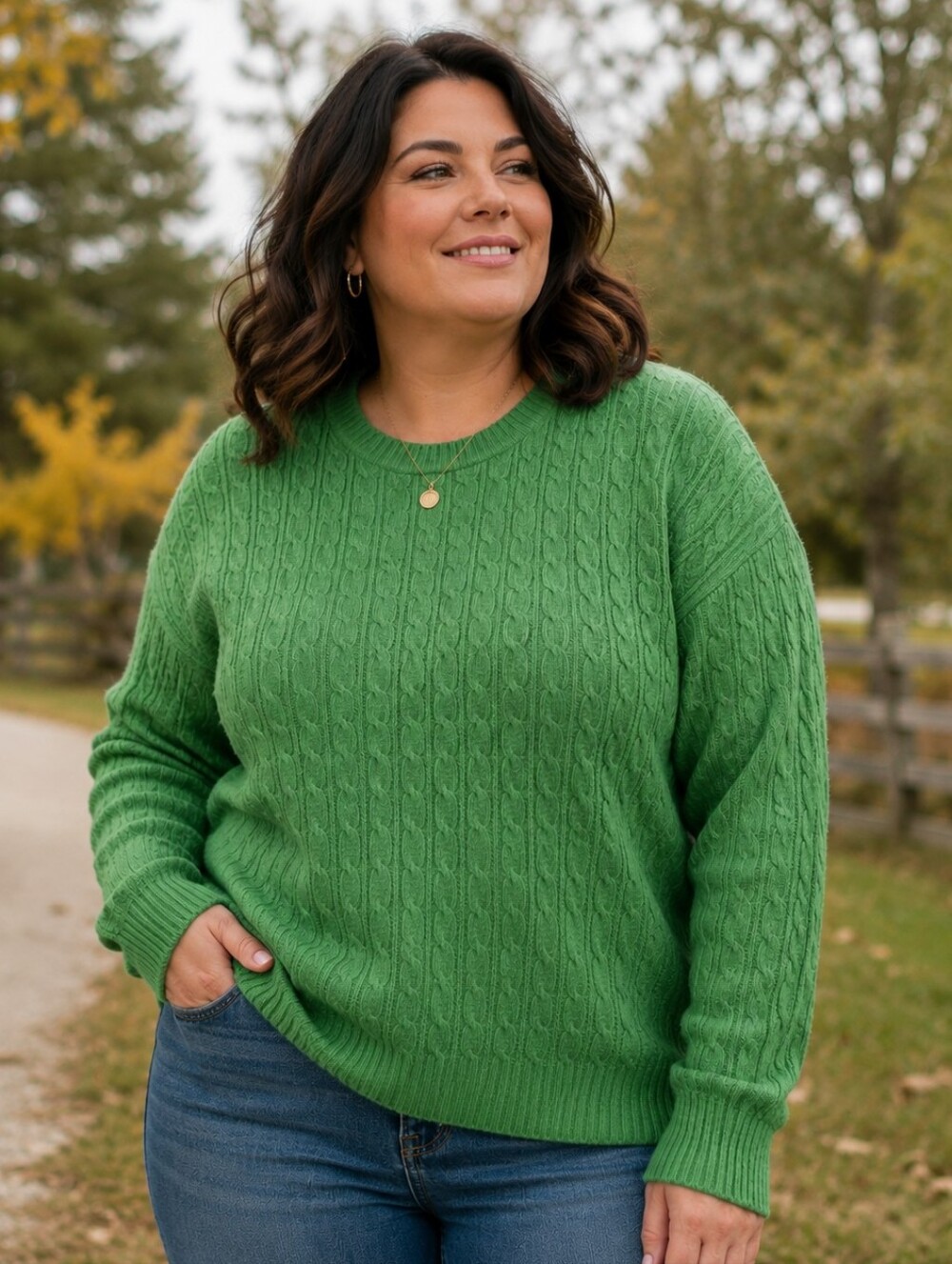 Classic Green Cable-Knit Crewneck Sweater,  Size 2X